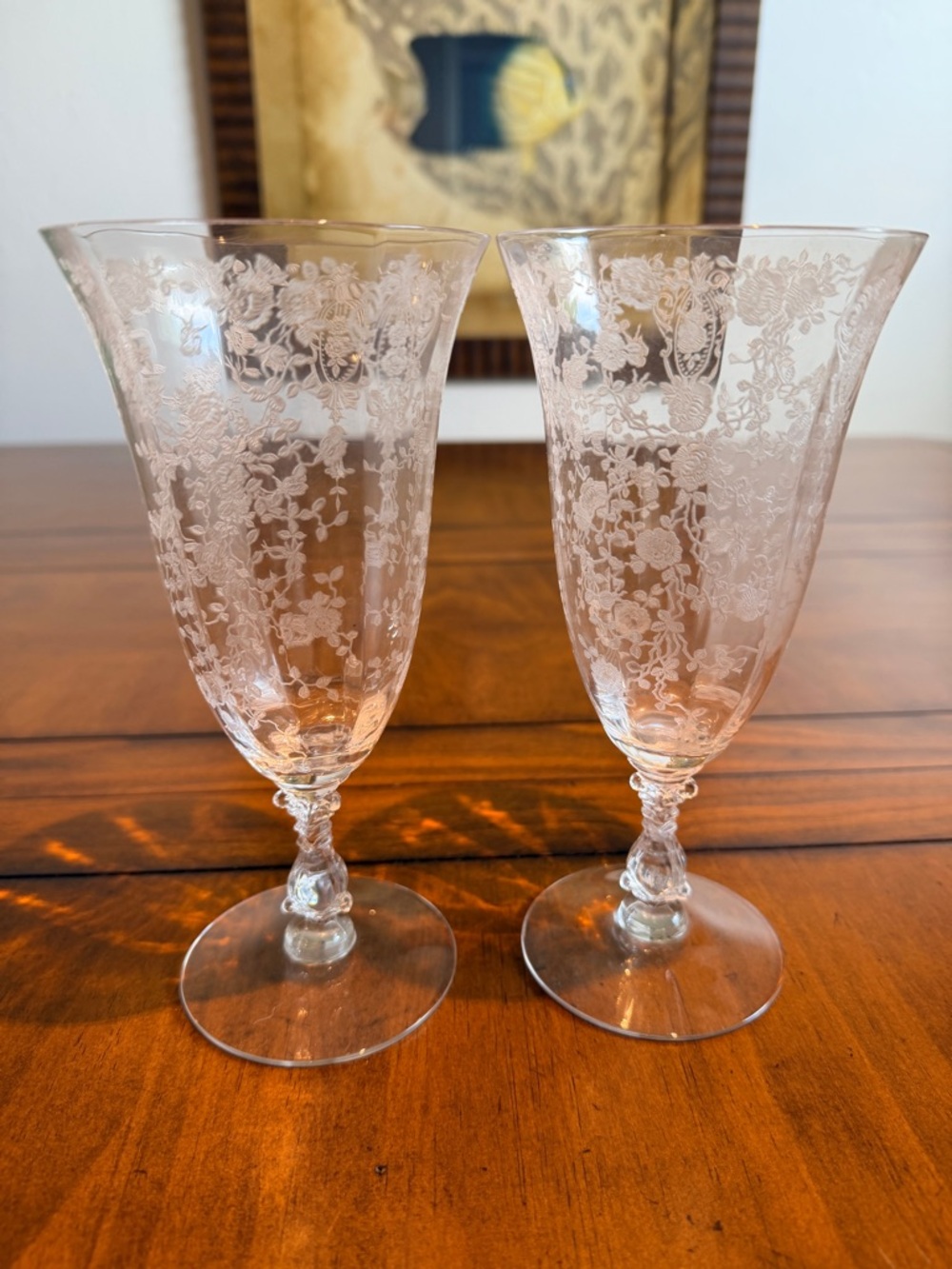 Vintage Cambridge Rosepoint Etched Crystal Goblets, 7.5”& 3.5” (2) Stem #3121